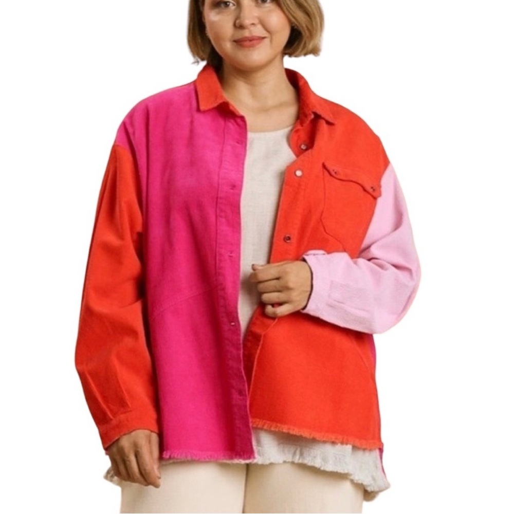 Umgee courdoroy pink & orange colorblock button down shacket. Never Worn! Size M